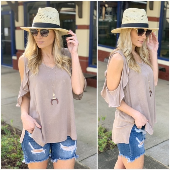 Infinity Raine Tops - LAST ONE! Vintage Wash Mocha Ruffle Tunic